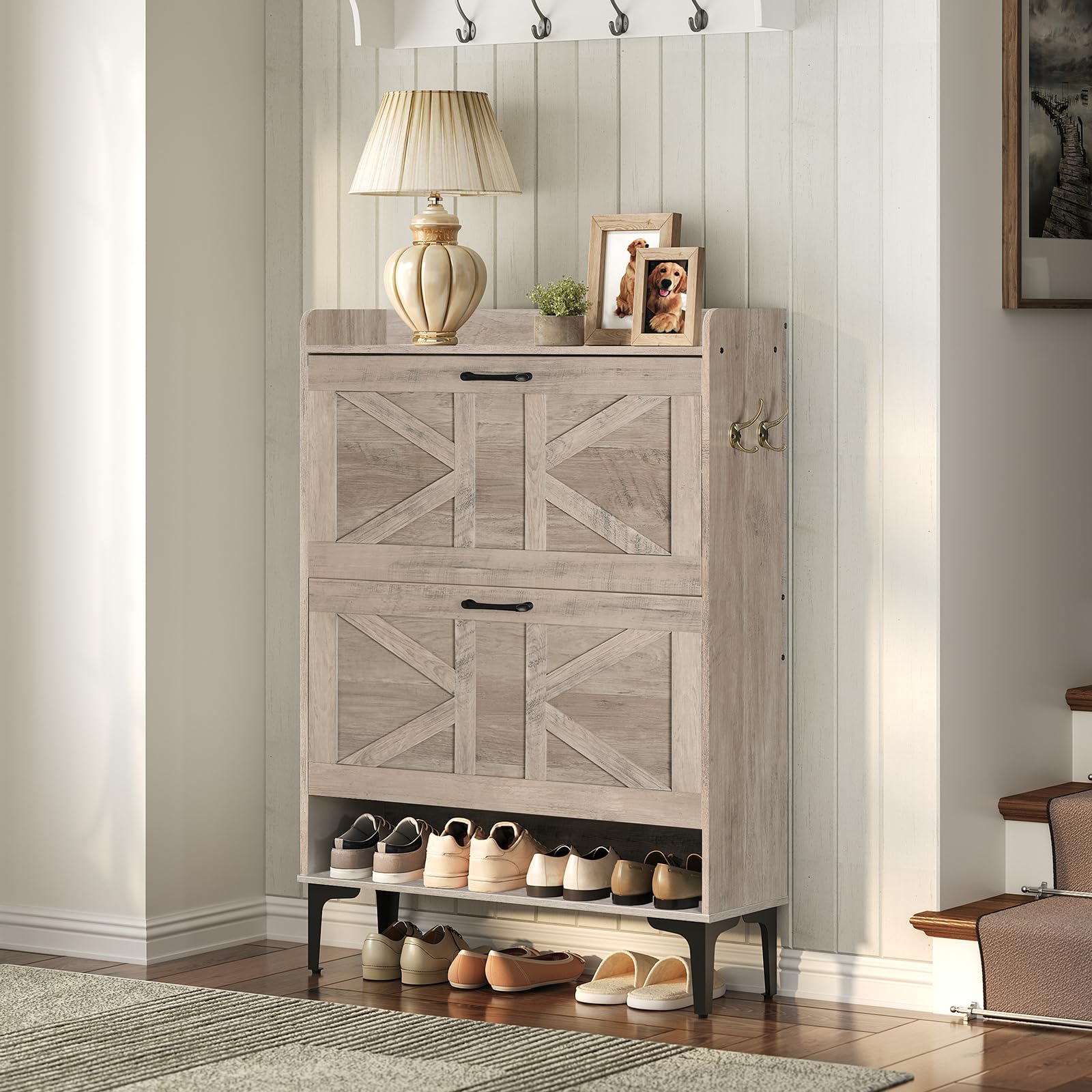 MAHANCRIS Shoe Storage Cabinet, Shoe Organizer with 2 Flip Drawers, Hidden Shoe Storage for Entryway, Freestanding Shoe Cabinet Organizer with Open