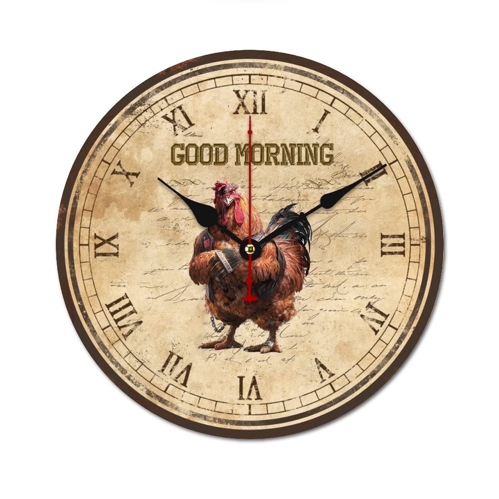 Horloge murale en bois coq vintage Good Morning 38 cm silencieuse
