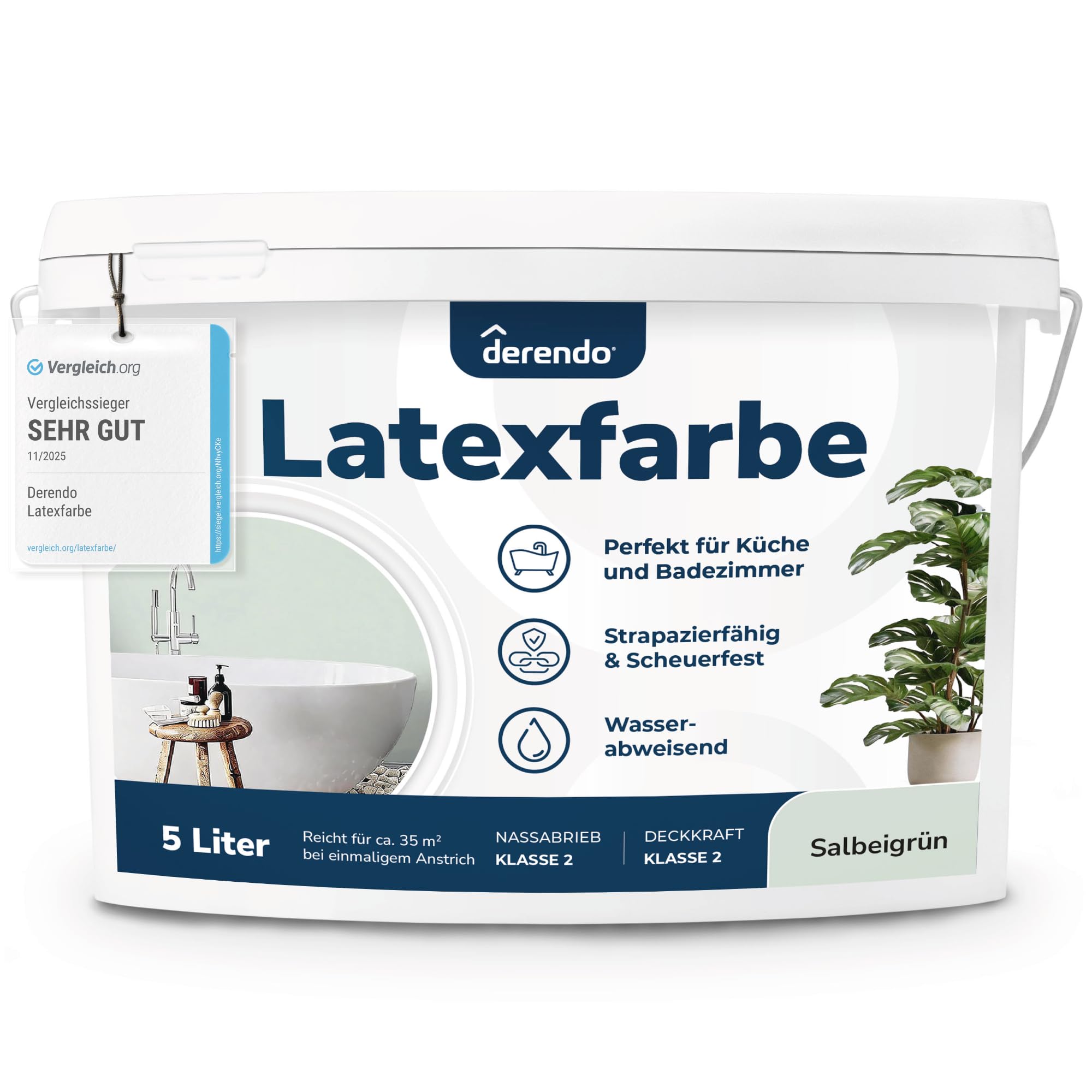 derendo Latexfarbe grün salbeigrün matt abwaschbar 5 Liter für Innen Küche Badezimmer streichen grüne Wandfarbe hohe Deckkraft hellgrün 5L