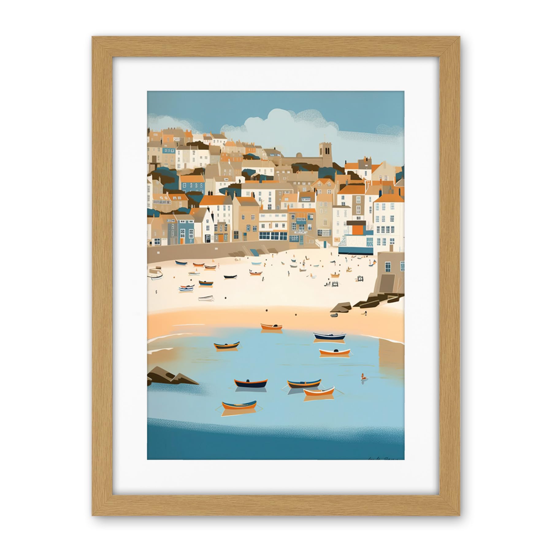 Artery8 Small Boats in St Ives Bay Coastal Cityscape Artwork Framed Wall Art Print 18X24 Inch