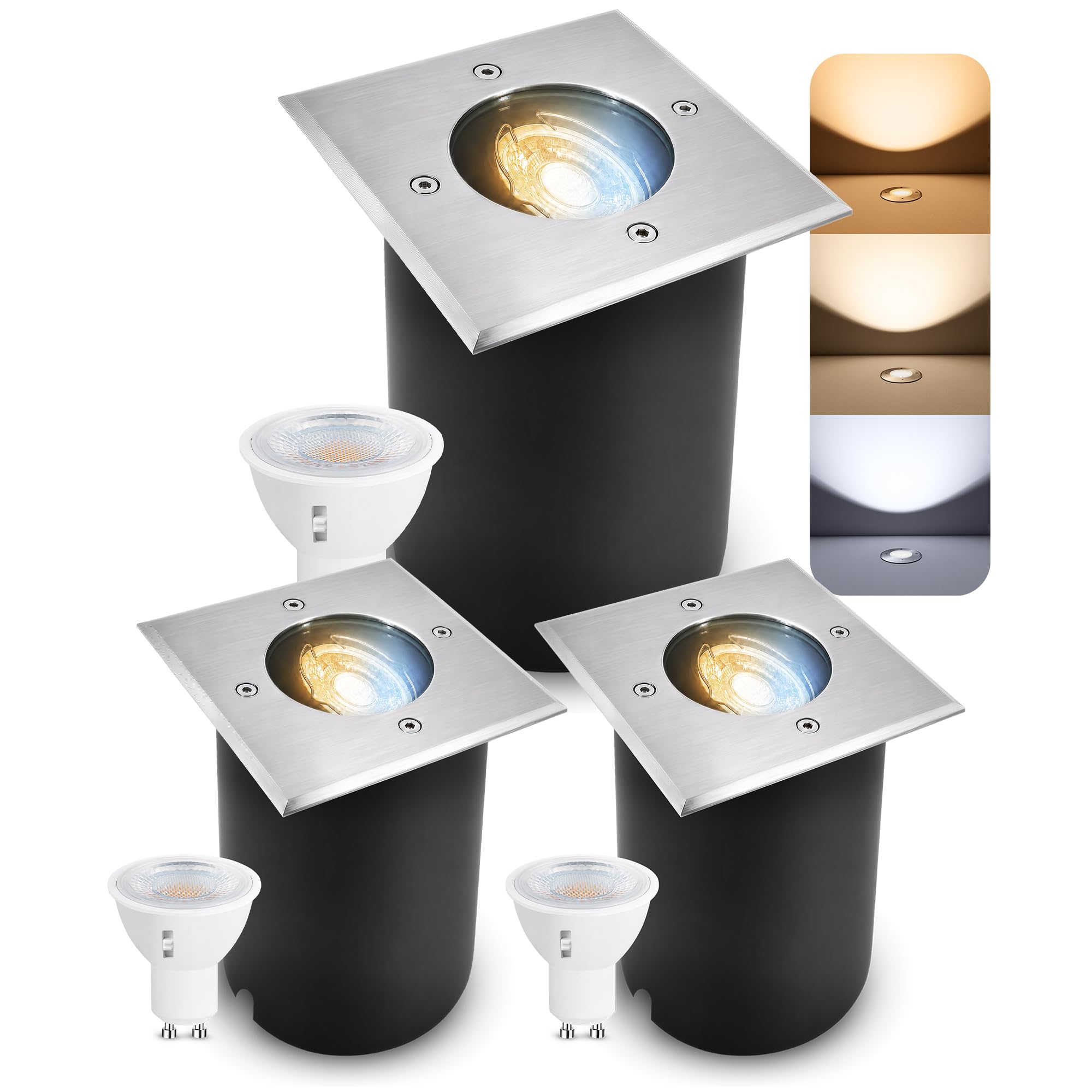 SSC-LUXon JUAVI Bodeneinbaustrahler 3x eckig IP67 GU10 3W 3 Lichtfarben | Drei befahrbare Bodenspots eckig IP67 für Wege, Beet & Terrasse - warm / neutral / kalt, schwenkbar, 120x120mm, Edelstahl