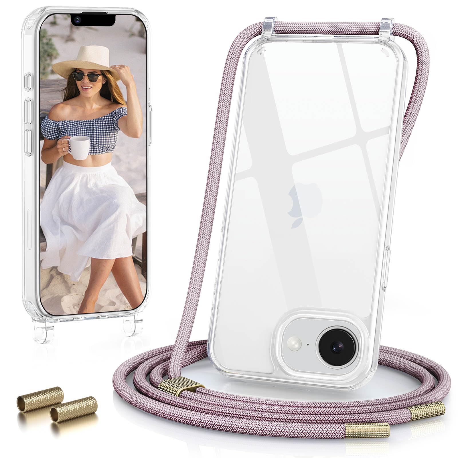 GOODVISH Cover Trasparente con Cordino per iPhone 16e, Custodia con Regolabile Collana per iPhone 16e 6.1", [Antiurto] [AntiGraffio] [Antiscivolo] Case con Laccio Tracolla, Oro Rosa