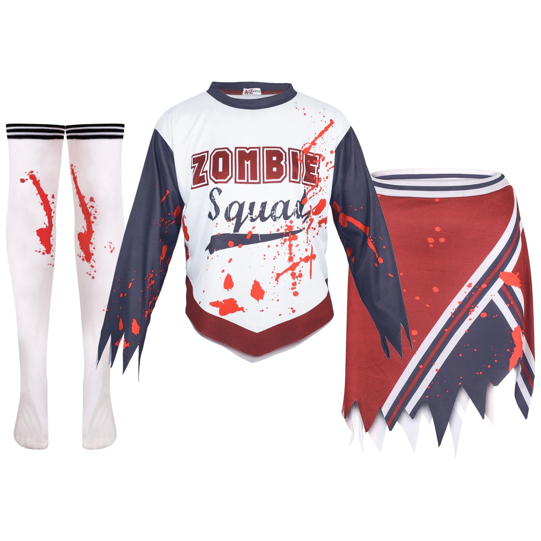 A2Z 4 Kids Girls Zombie Cheerleader Halloween Attire Top Shredded - Zombie Squad Set 346._3-5, White, 3-5 Years - Image 3