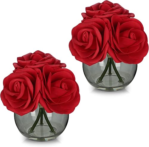 Hollyone 2Pcs Red Roses Artificial Flowers in Vase Small Silk Fake Red Roses Bouquet Flowers Roses Floral Arrangements with Glass Vase with Faux Water for Home Bathroom Table Centerpiece Decorations