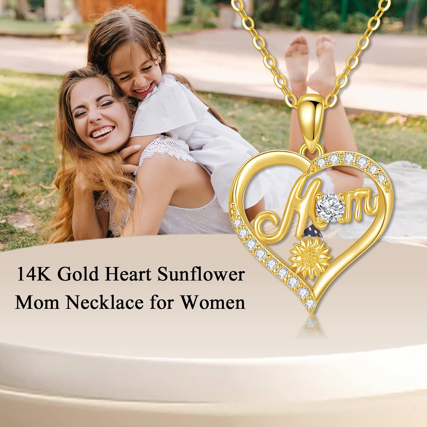 SISGEM 14K Real Gold Heart Mother Necklace for Women,Yellow Gold I Love You Mom Pendant Necklaces Birthday Jewelry for Mom Wife Grandmother 16''-18" - Image 3