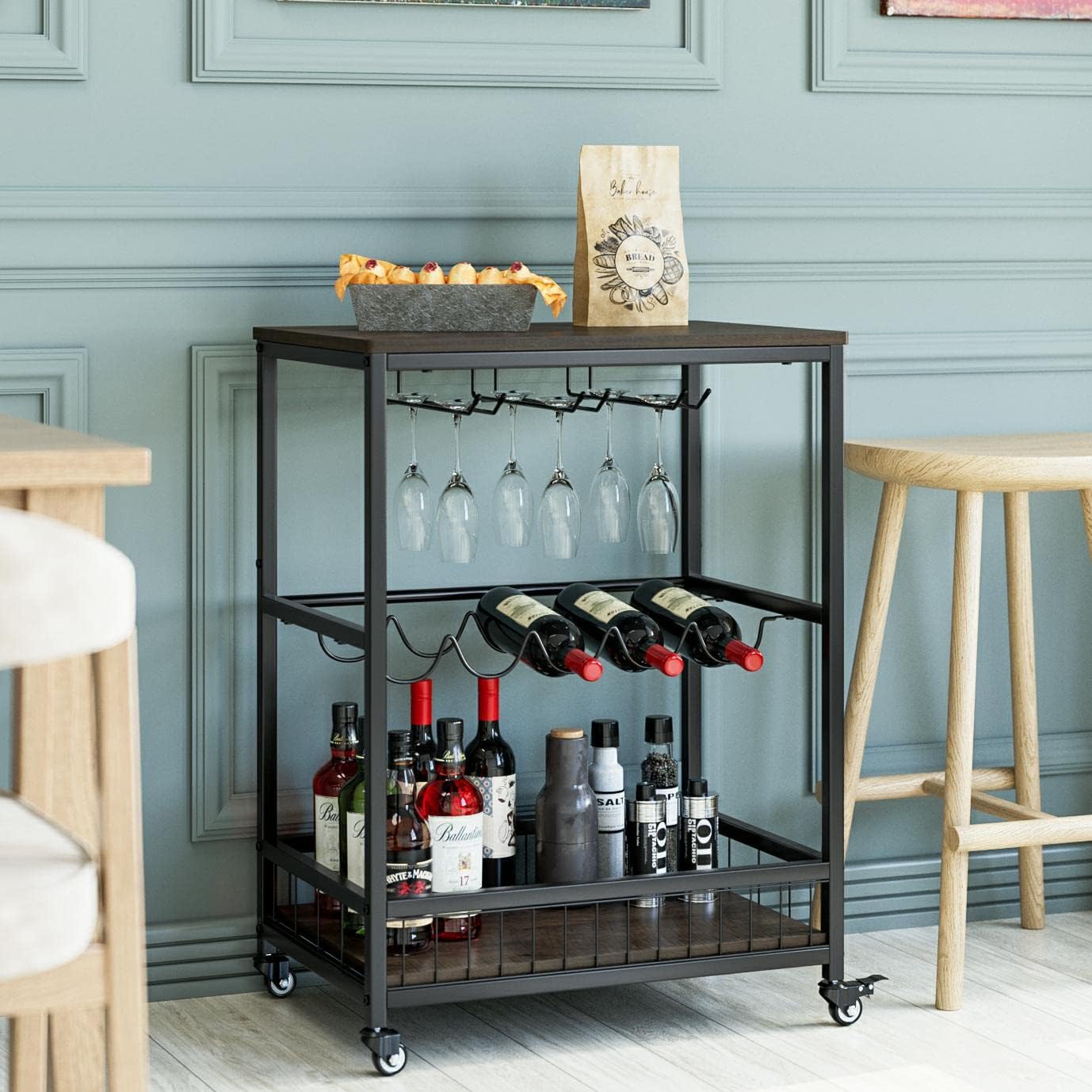 HITHOS Industrial Bar Carts for The Home, Mobile Bar Serving Cart, Wine Cart on Wheels, Beverage Cart with Wine Rack and Glass Holder, Rolling Drink Trolley for Living Room, Kitchen, Dark Brown - Bar & Serving Carts