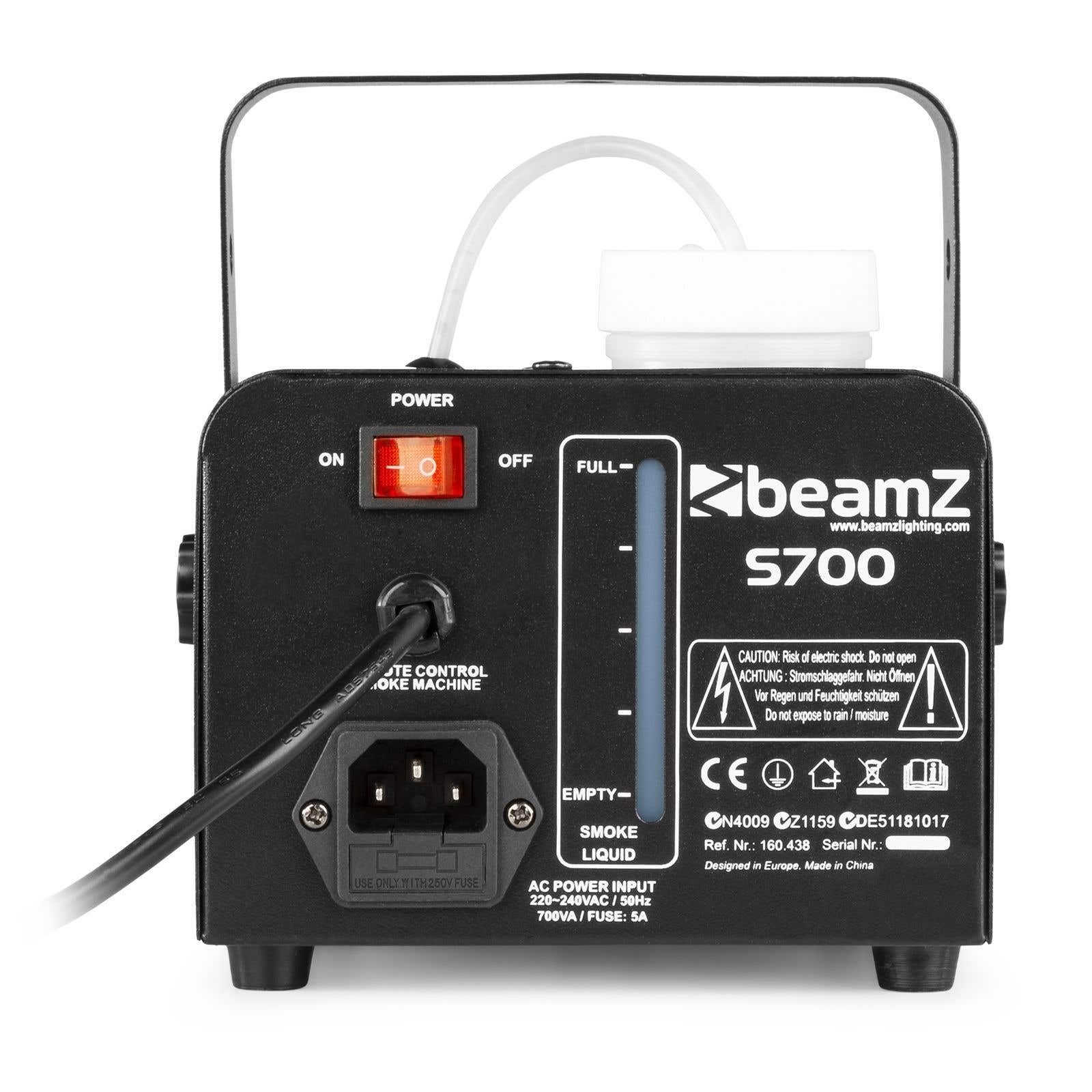 BeamZ S700 Mini Nebelmaschine mit Fernbedienung inkl. 250ml Fluid, 700 Watt Fogger, Smoke Machine mit 400ml Tank, Fog Machine, Nebelmaschine Halloween für Party, Hochzeit, Events, Hazer mit 75m³/min