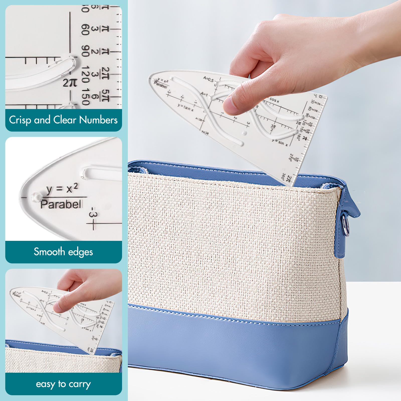 KUM Transparent Blue Parabolic Template – 3-Pack With Sine, Cosine, & Tangent Curves For Math & School Use