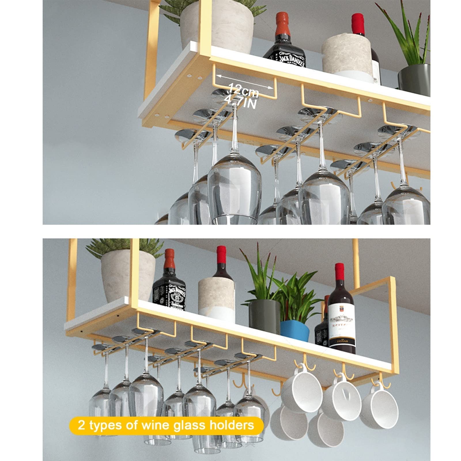 Portabottiglie Da Soffitto 2 Strati - Mensola Sospesa Per Vino E Bicchieri, 140x30x80 Cm, Nero - Foto 10