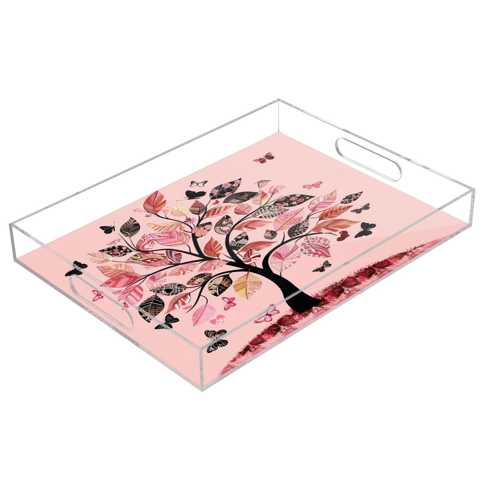 BOESI Graffiti Tree and Butterfly Pattern Acrylic Decorative Dining Tray, Acrylic Decorative Tray Organizer with Handle for Kitchen, Dining Room, Bathroom, Dresser