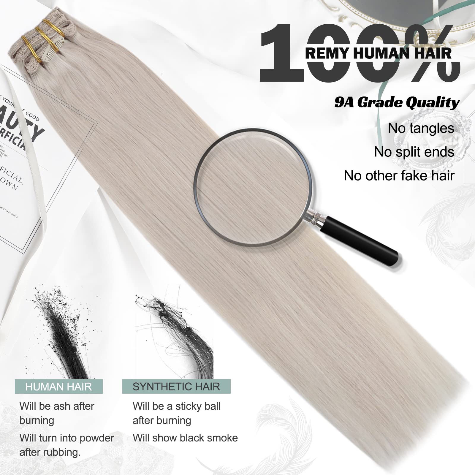 Moresoo Extension con Clip Capelli Veri Biondo Invisibili Extension Capelli Veri Clip Bianca Extension Capelli Clip Donna Remy Extension Clip Capelli Veri Bianco Biondo #60A 30 cm 80g/5pcs