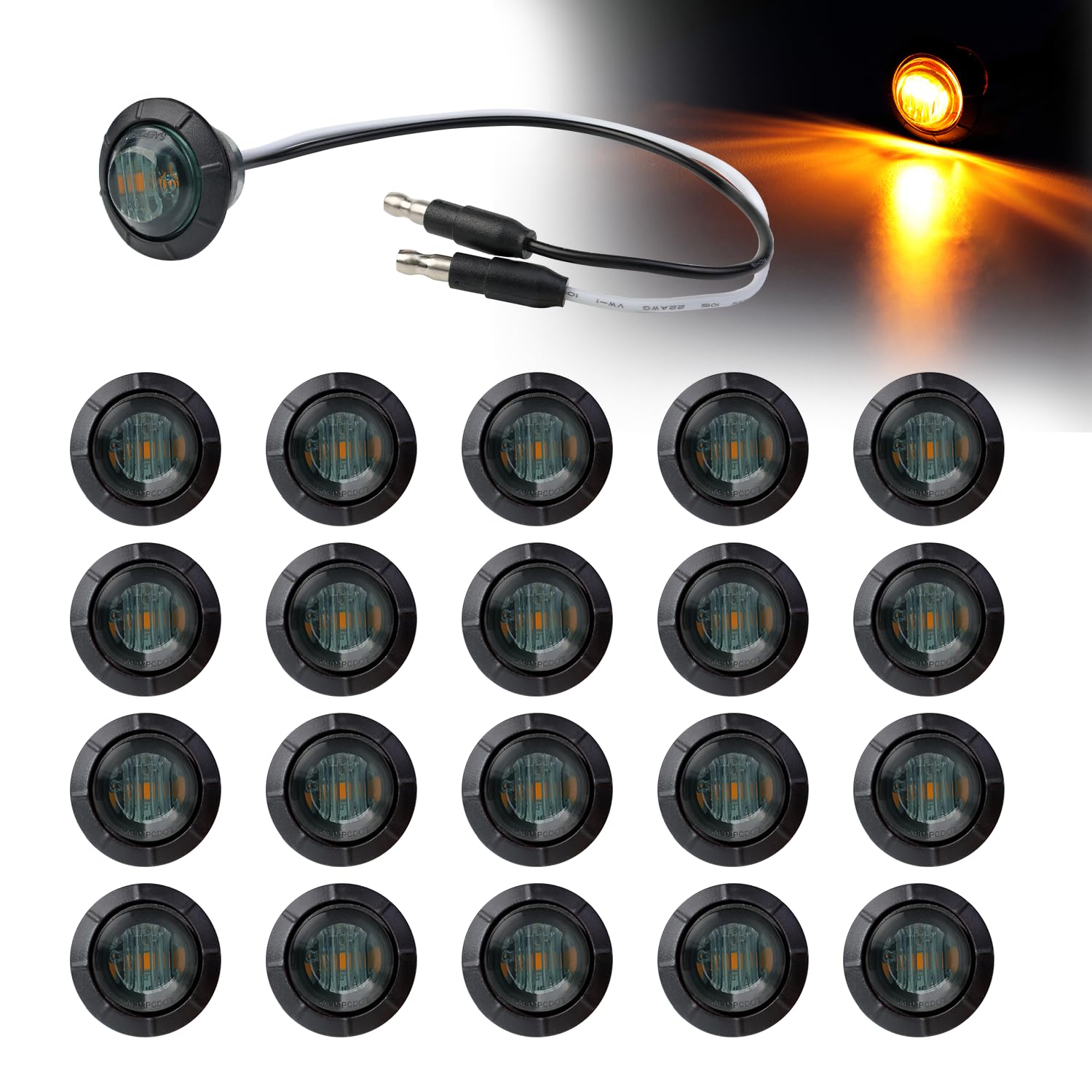 20 Pcs 3/4 Inch Mini Round Smoked Lens Amber LED Button Side Marker Lights 3 LED with Connector Plugs for Trailer Truck Lorry SUV ATV RV Bus Clearance Signal Lamps 12V DC