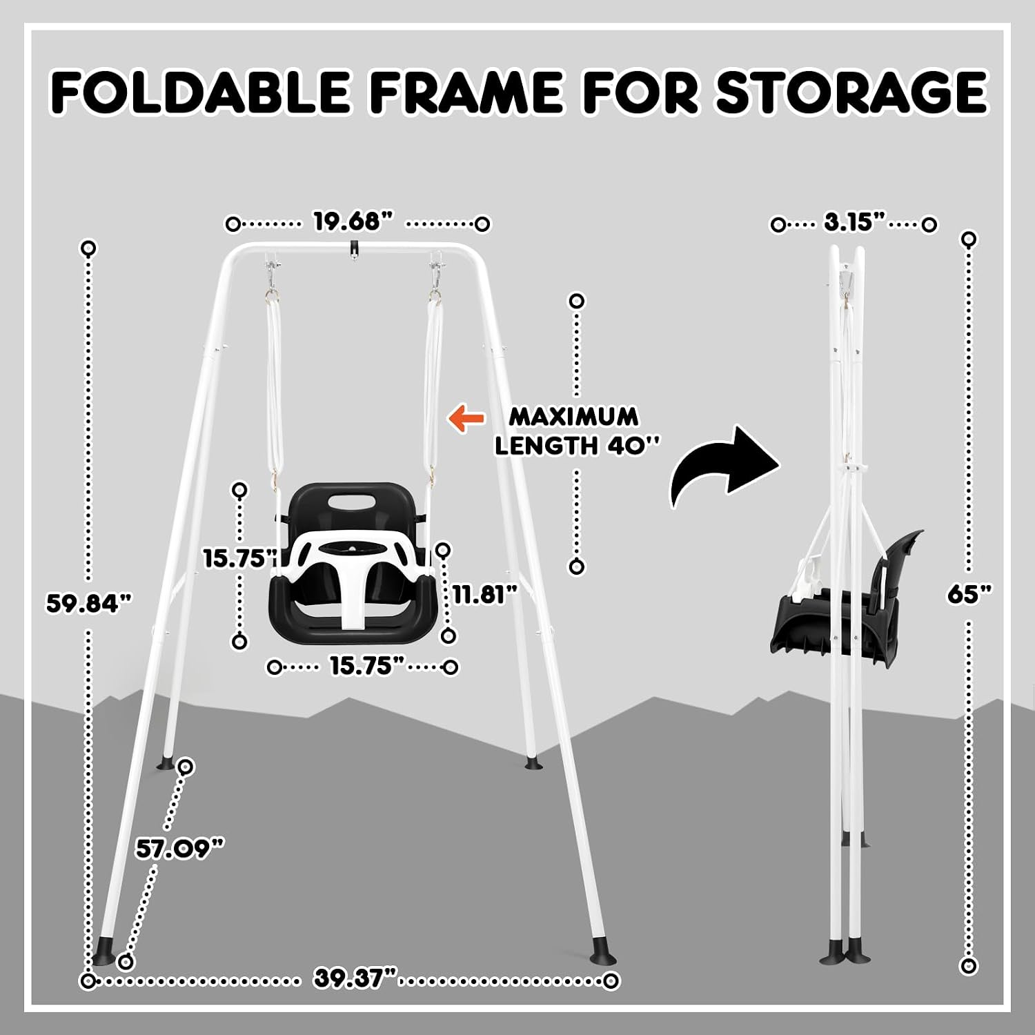 Diagram showing the dimensions of the HARPPA swing set and how it folds for storage.