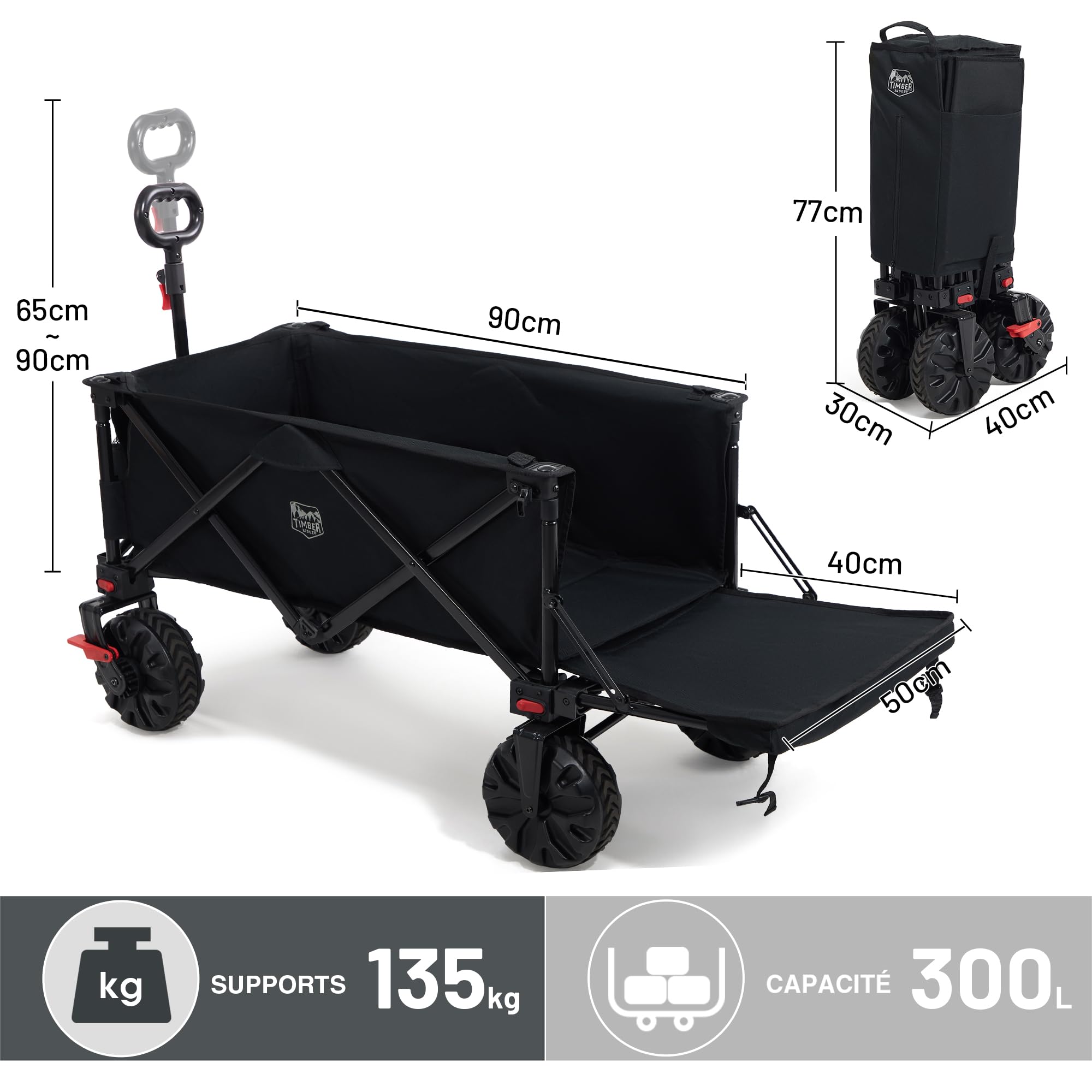 TIMBER RIDGE Chariot de Plage Pliable XXXL avec Hayon 135 kg Chariot de Festival Pliant Robuste Roues Larges Amovibles et Poignée Réglable pour Camping Jardin Shopping Noir