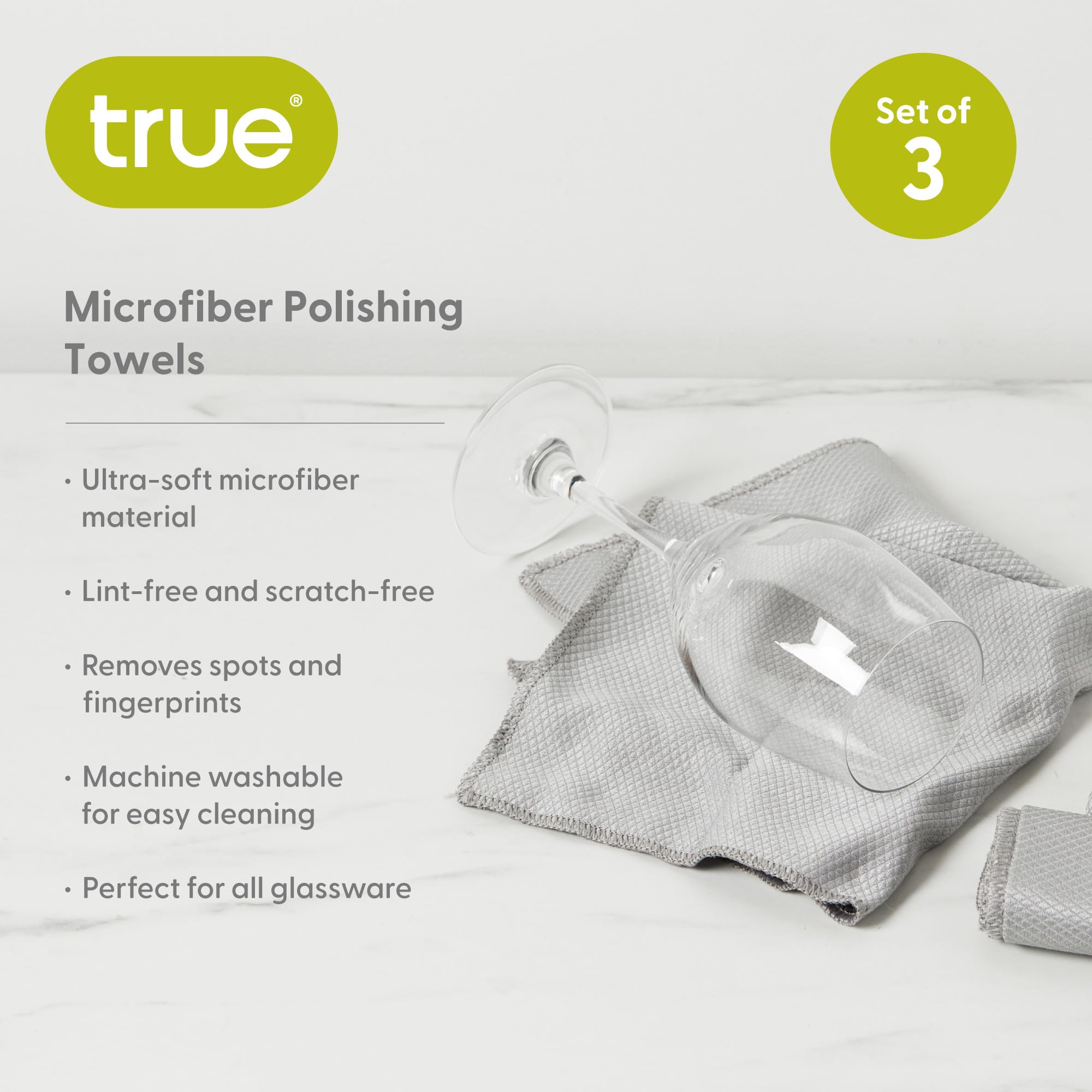 True Microfiber Towels, Wine Glass Polishing Cloths, Streak Free Microfiber Cloth and Lint Free Towels, Grey, Set of 3