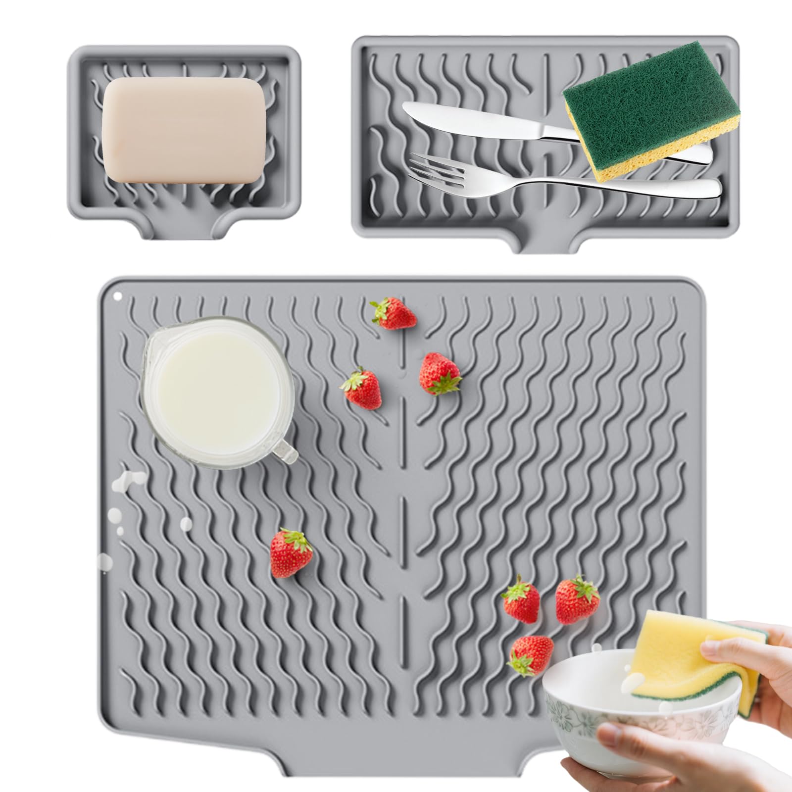 RoseFlower Silicone Draining Mat, Heatproof & Non-Slip Draining Board Mats for Kitchen Counter, Large Opening Fast-Drying Drain Pad for Placemats, Drip Tray, Sink, Dish Rack, Pack of 3 (S,M,L)