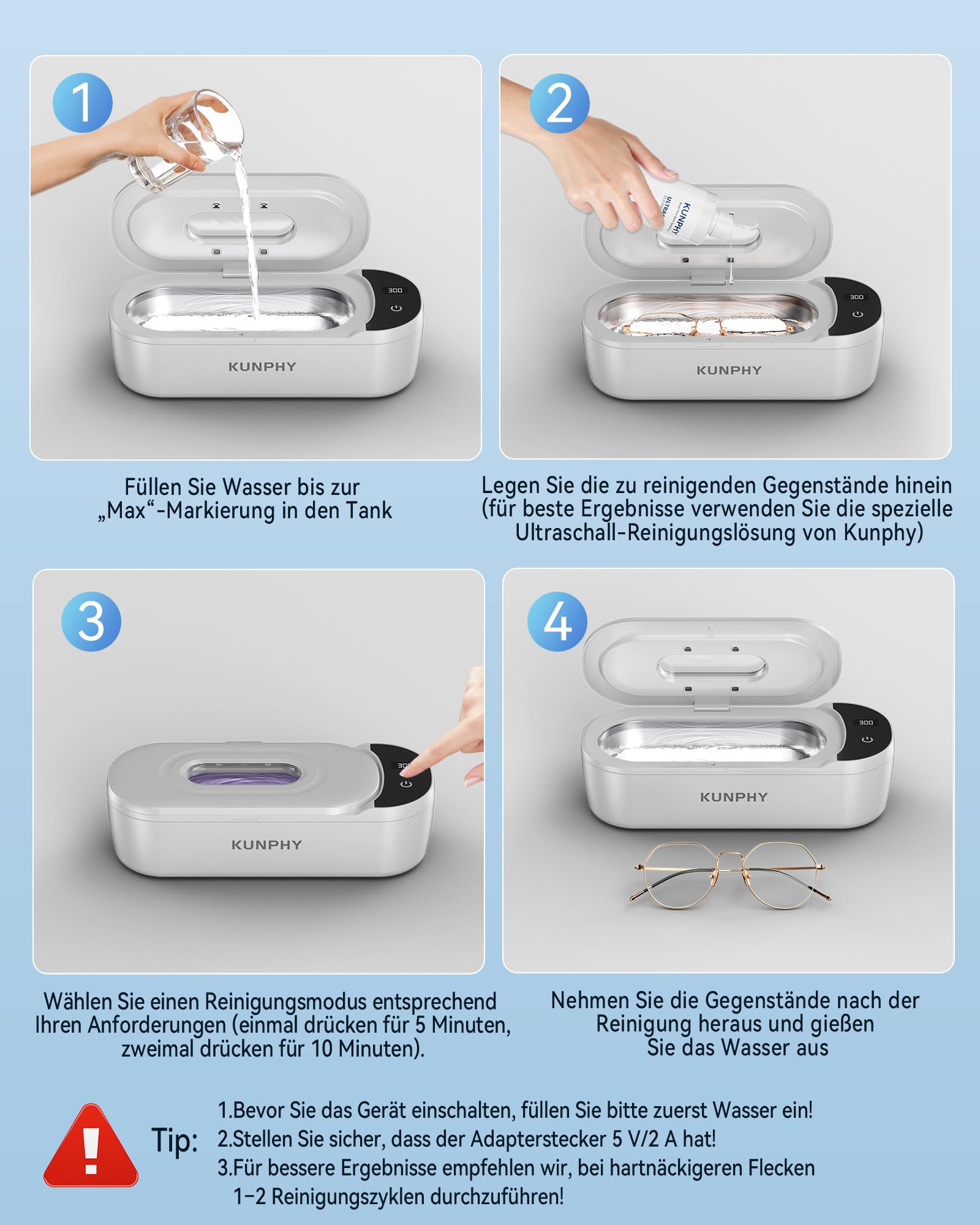 KUNPHY Ultraschallreinigungsgerät mit U-V – Brillenreinigungsgerät 400ml(20Oz) 48kHz, Ultrasonic Cleaner mit digitalem Dual-Modus-Display(5/10min), Ultraschallreiniger für Brille, Schmuck, Uhren