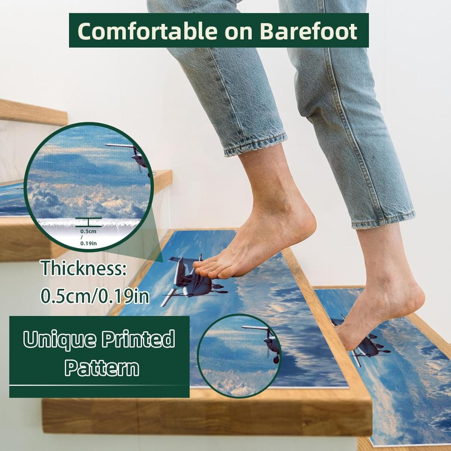 Stair Treads for Wooden Steps Indoor, Staircase Step Treads Non Slip Carpet Stair Runner for Kids Elders Dogs Pets, Aviation Airplane with Sky (1) Washable Stair Mat 15 Pack