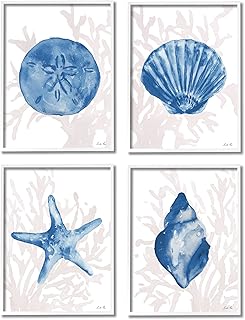 Stupell Industries Blue Shells Starfish and Sand Dollar Over Seaweed White Framed Wall Art