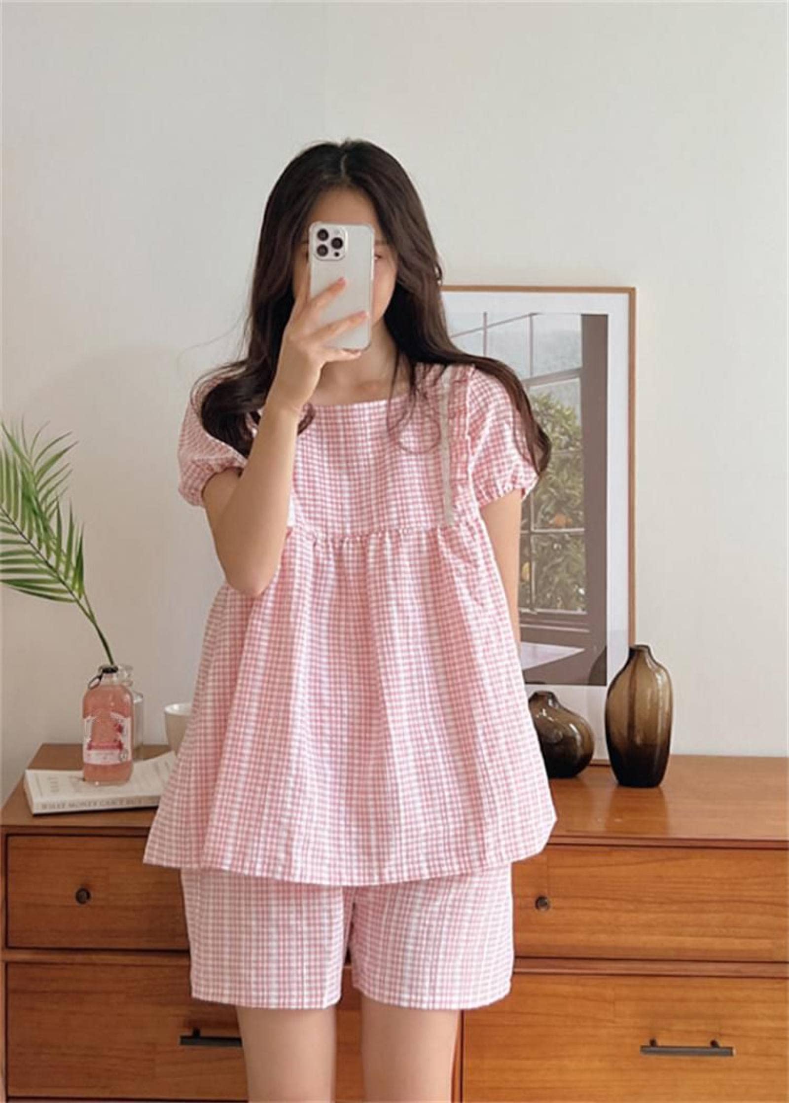Damen-Pyjama-Sets Mit Eckigem Halsausschnitt Und Spitze, Weich, Süße Schleife, Kurze Ärmel, Karomuster, Baumwoll-Jacquard, Schöne Nachtwäsche, Schicke Damen-Homewear, Lässig, Studenten-Nachtwä