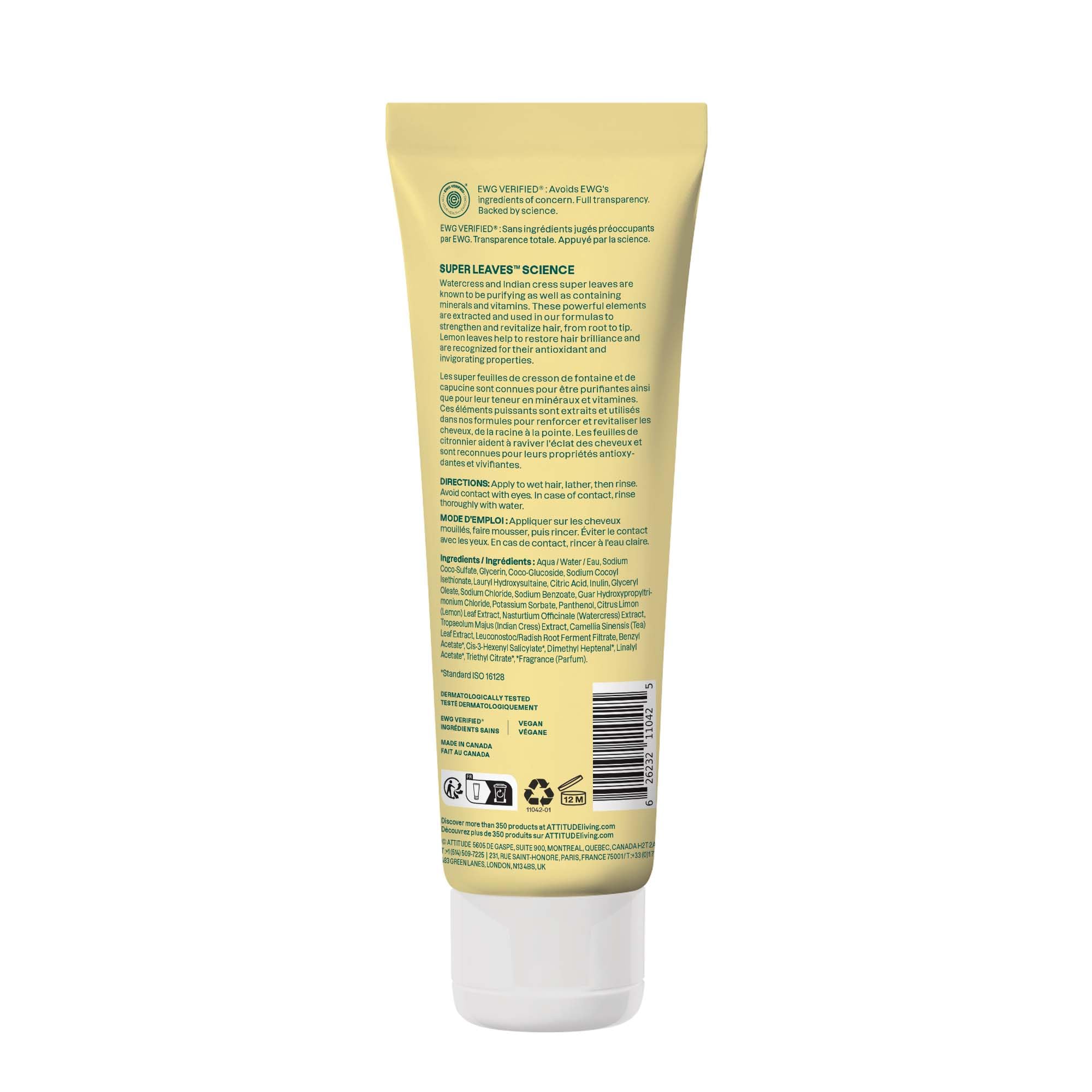 ATTITUDE Shampooing Clarifiant, Redonne de la Brillance, Feuilles de Citronier et Thé Blanc, Végan, Ingrédients d’Origine Naturelle, Certifié EWG, Végan, 240 mL