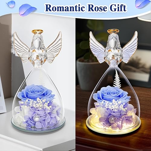 Miniatura 6 de LURLIN Regalos de rosas para el día de cumpleaños para mujeres, flores preservadas, regalo de rosas para mamá, figuras de ángel de cristal con LED