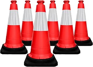 Berry Traffic Safety Cone PPC with PE Base | 75 CM Road Safety Reflective Traffic Cone | High Visibility Red Traffic Cone | Portable Wind Resistant Traffic Cone with Black Base (Red, 6 Cones)