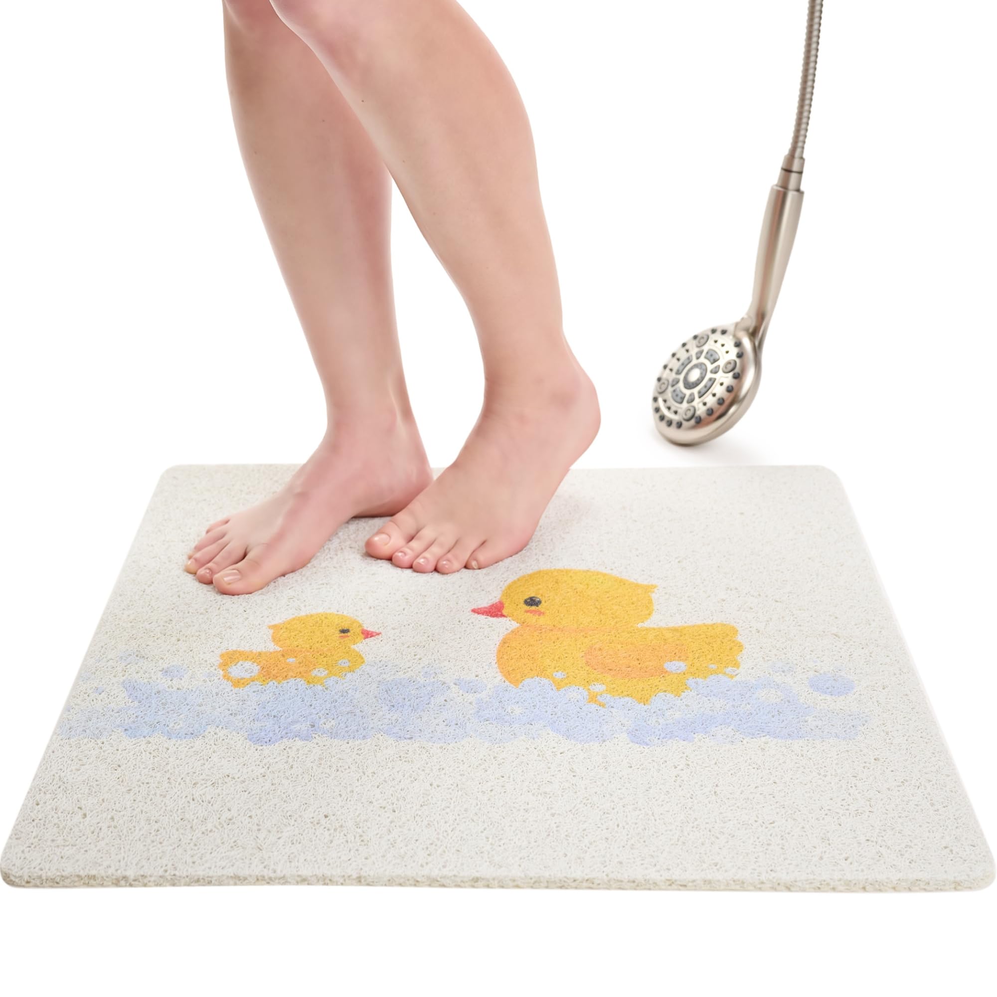 Enkosi Loofah Non-Slip Shower Mat – Square Anti-Slip Bath Mat for Kids, Tub, Bathtub &amp; Walk-in Stalls, Cushioned PVC, Quick-Dry with Drain Holes – Bathroom Floor Safety Pad (Duck, 24x24)