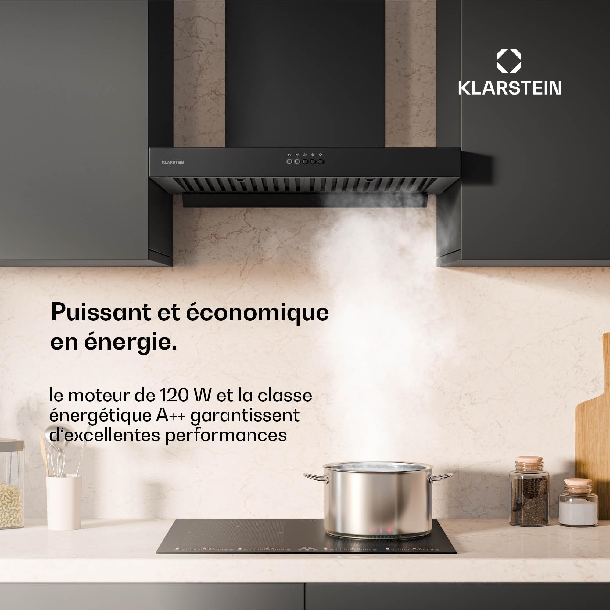 Klarstein AeroClean Hotte Aspirante - 60 cm Hotte murale, Débit 721 m³/h Boost, CEE A++, LED 3800-4200 K, Silencieuse 52 dB, Filtres à chicanes & Charbon, Noire