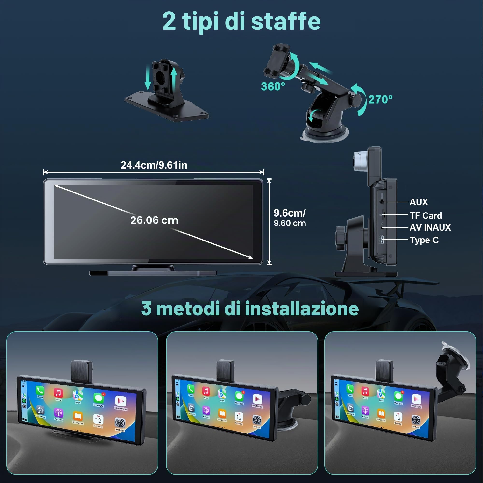 Audio Portatile Per Auto, 10.26" Schermo Carplay,car play per auto android con doppia telecamera anteriore + posteriore 4K 1080P, riproduzione car play wireless con Mirror Link/S-iri/AUX/64G TF