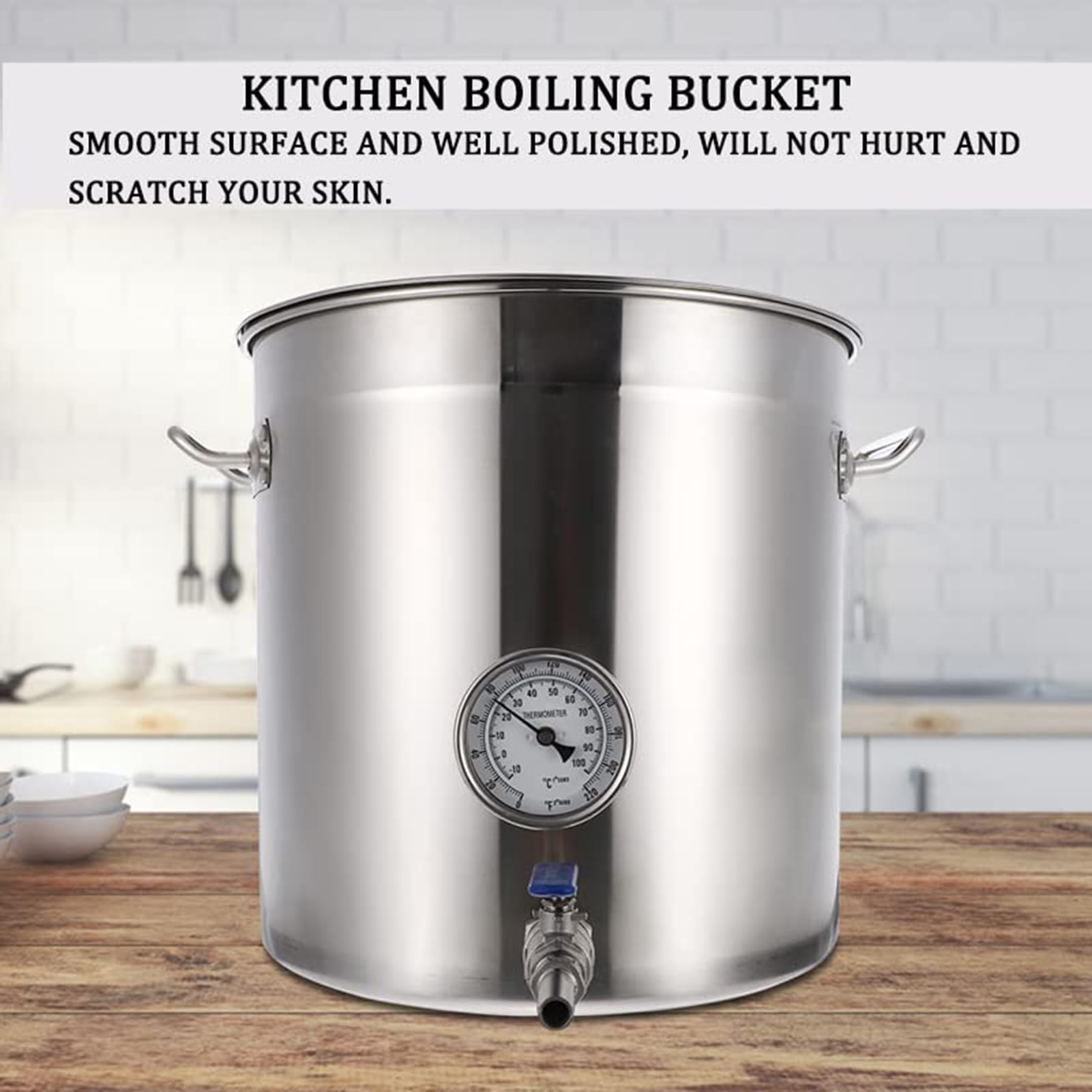 Robuster Suppentopf aus Edelstahl mit Zapfhahn und Deckel – ideal zum Brauen, Kochen, Sieden zu Hause und für den Einsatz im Freien – 40 x 40 cm großes Thermometer im Lieferumfang enthalten