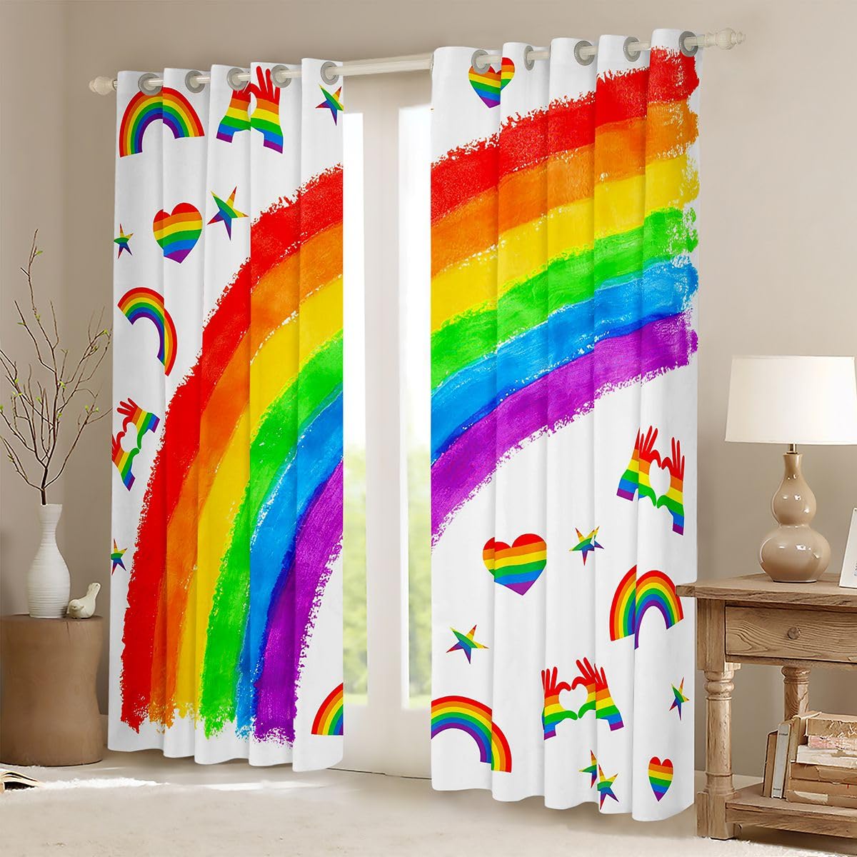 Homewish Tęczowe zasłony okienne, 117 x 183 cm, 2 zestawy paneli – miesiąc dumy lipca, zasłony zaciemniające, tęczowe, LGBT, kolorowe zasłony okienne, romantyczna miłość serce do sypialni