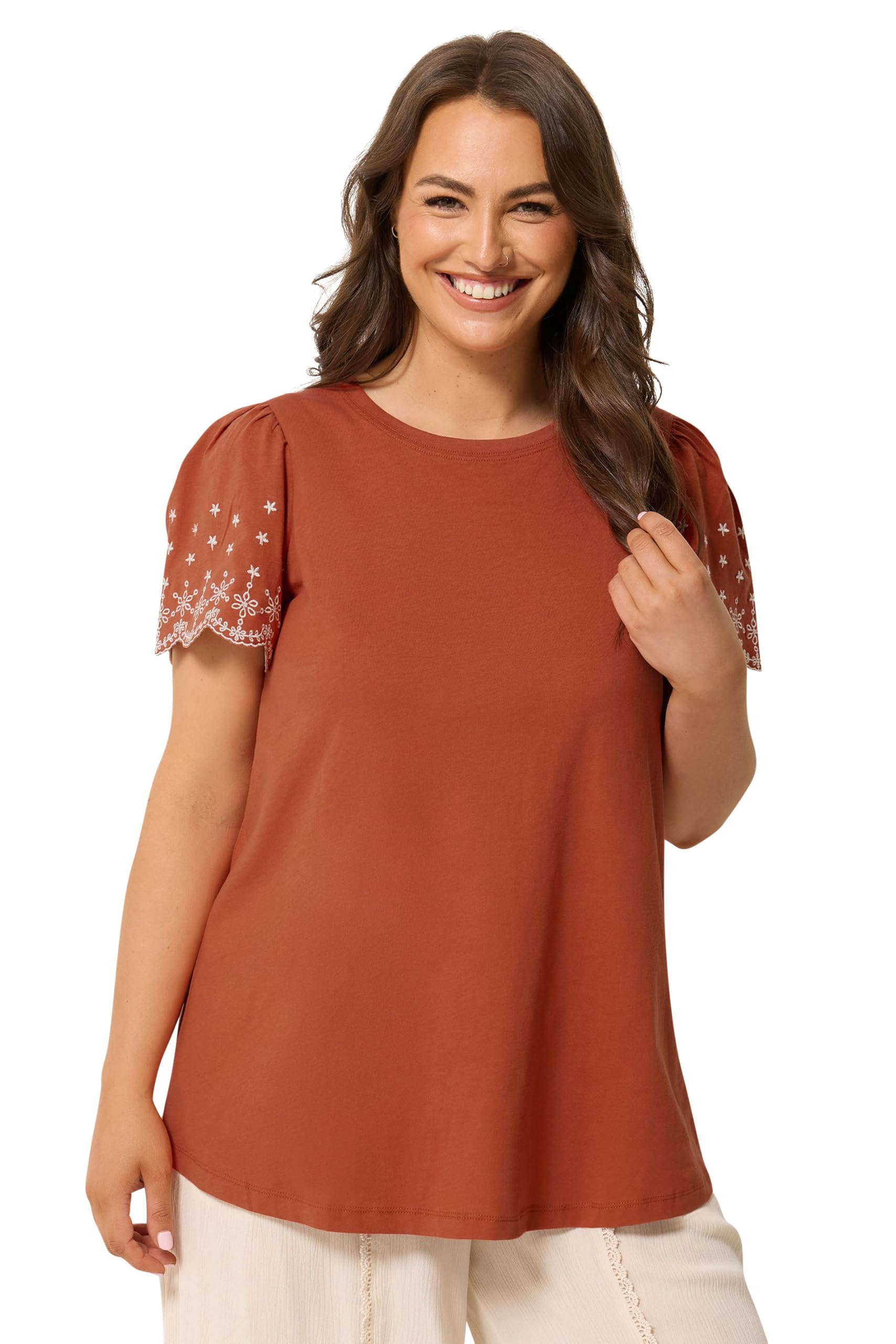 Yours Women's Burnt Orange Embroidered Sleeve T-Shirt In | Size: 16