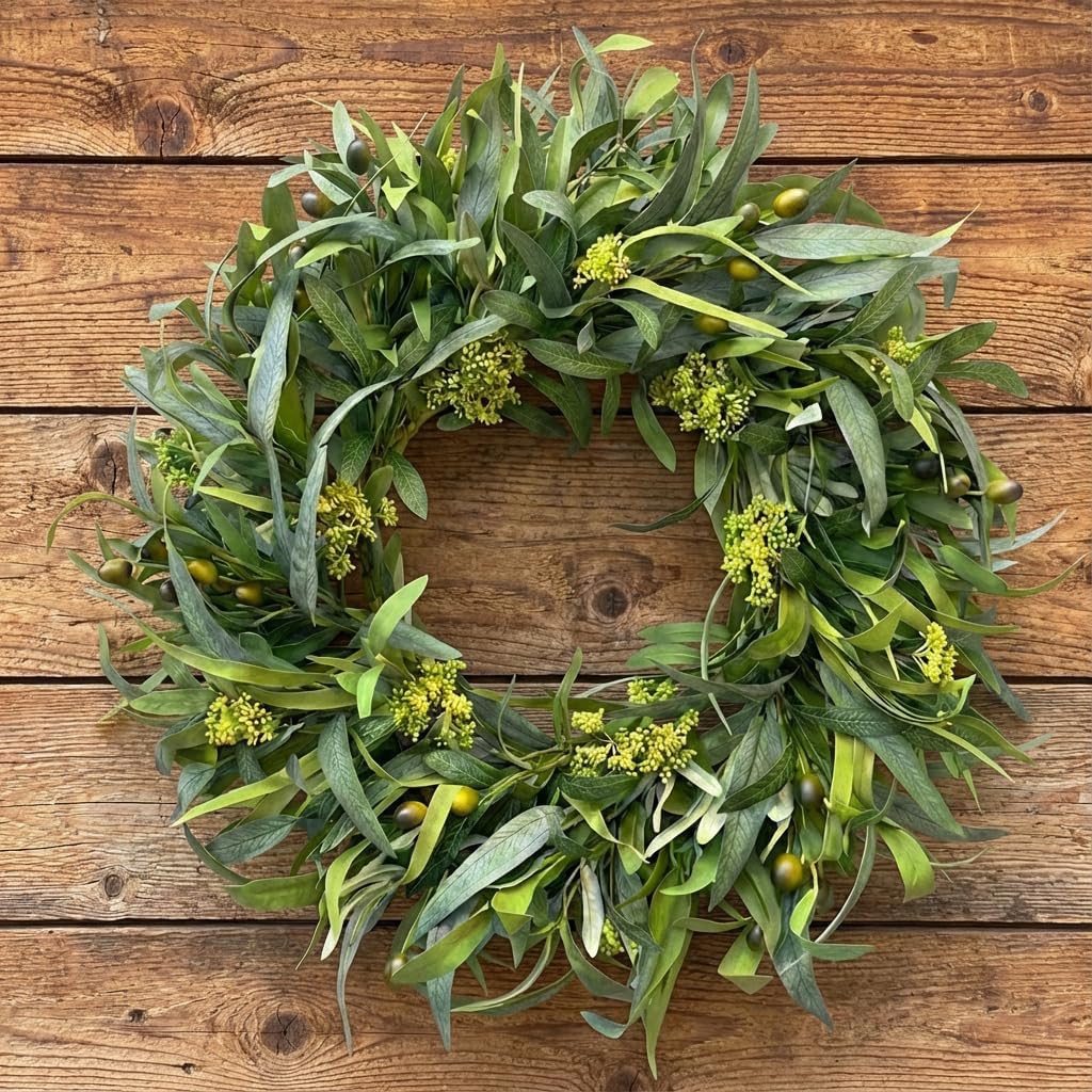 24 Inch Olive Wreath for Front Door - Artificial Greenery Spring Summer Wreath with Mixed Willow Leaves & Olive Fruit - Large All Season Farmhouse Decor for Indoor Outdoor Wall Wedding