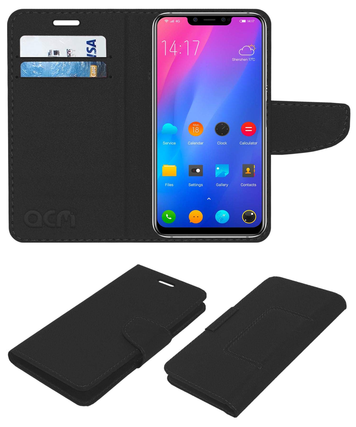 ACM Leather Flip Wallet Front & Back Case Compatible with Elephone A5 Global Version Mobile Cover Black