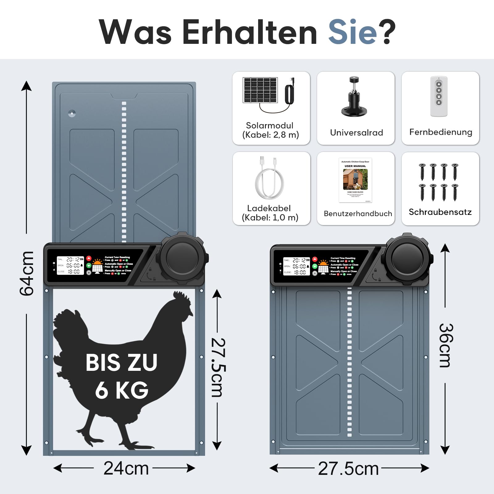 CHAMUTY Große Automatische Hühnerklappe Solar, Elektrische Hühnerklappe Automatisch mit Timer, 7W Solarpanel, LCD Display, Fernbedienung, Automatische Hühnerstalltür Hühnertür, Einklemmschutz