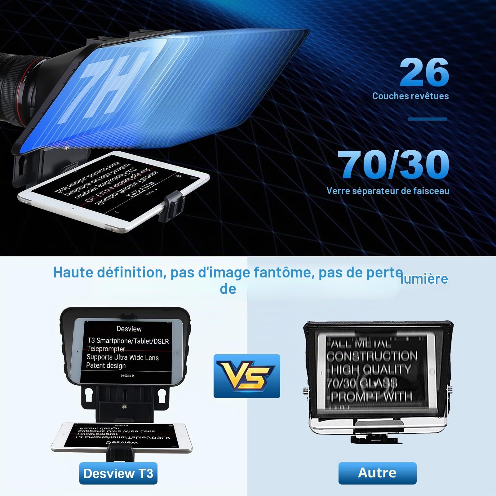 Desview T3 Téléprompteur pour Smartphone DSLR Camera, Enregistrement Vidéo | Prompteur Portable, Compatible iPad/iPhone/Tablettes 10", Télécommande Bluetooth et APP, pour YouTube Vlog Live Streaming