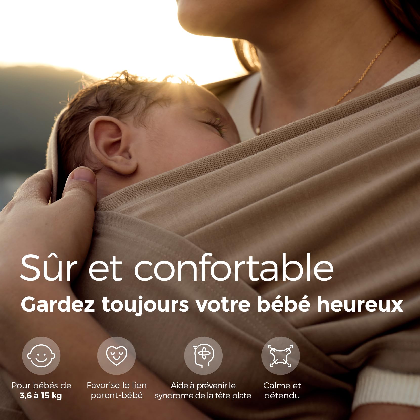 Momcozy Écharpe de Portage Bébé Nouveau-nés Anneaux Facile Enfiler Respirante Mains Libres Porte-bébé Réglable 3,6-15 kg Beige sable