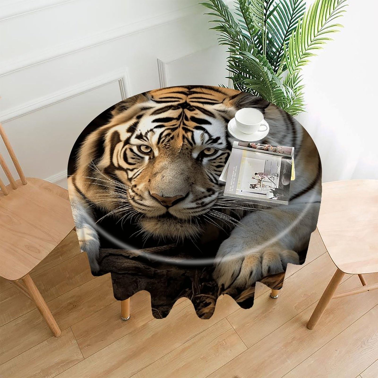 LZQPOEAS Lying Tiger Tablecloth Decorative Round Table Cloth Wrinkle Resistant Round Tablecloth Washable Circle Table Cover for Kitchen Dining Party Wedding Camping 60 Inch