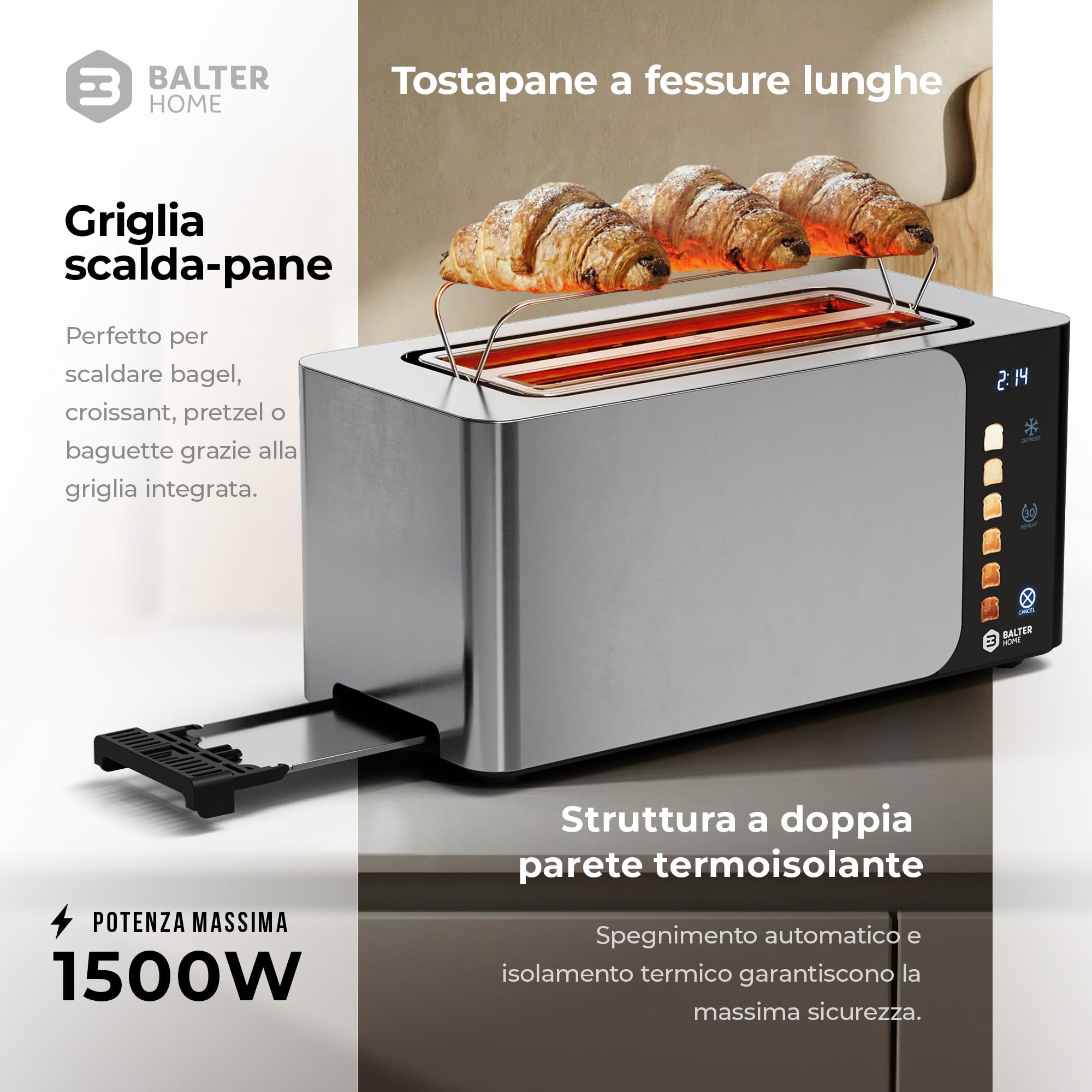 Balter Tostapane 4 fette, tostiera funzione touch, slot lungo, in acciaio inox, 1500W, toaster display LCD, tostapane a fessura lunga, funzione scongelamento, centraggio pane