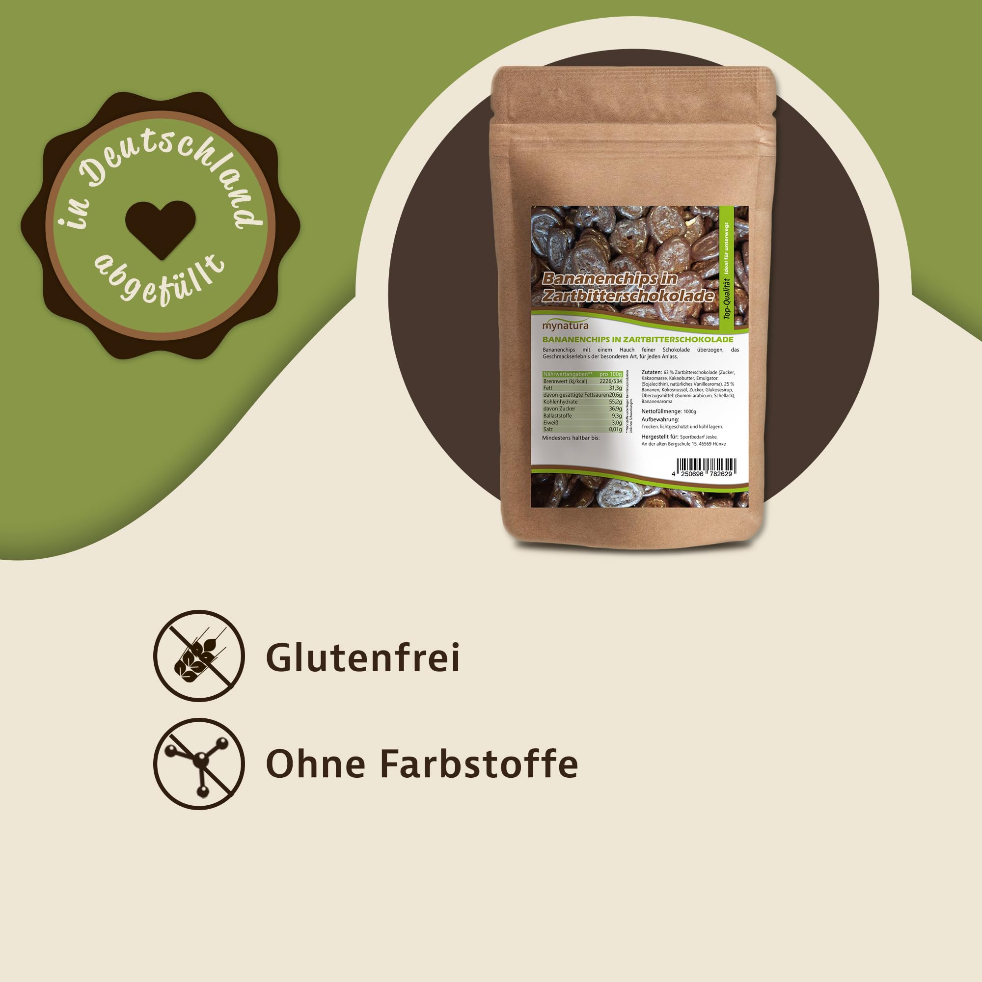 Mynatura Bananenchips, mit Zartbitterschokolade umhüllt I Schokolade I Banane I Snack I Topping I Süßigkeiten I Im Beutel (3x 1000g)