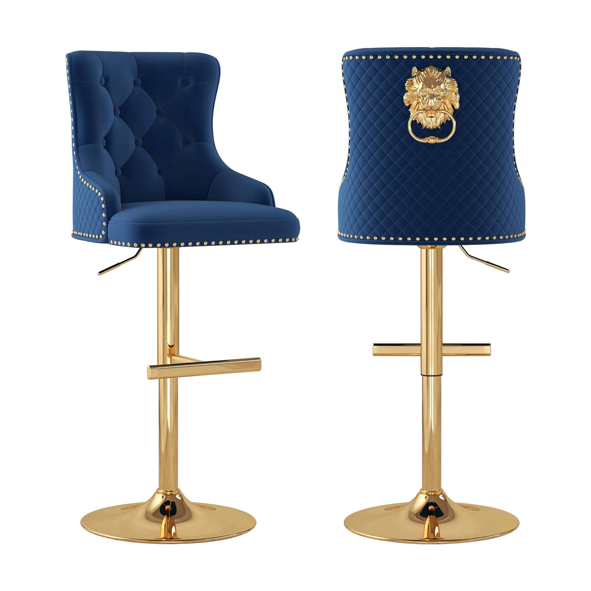 ABET Bar Stools Set of 2, Golden Base Counter Height Stools with Footrest, Velvet Adjustable Swivel Kitchen Island Chair with Upholstered Tufted