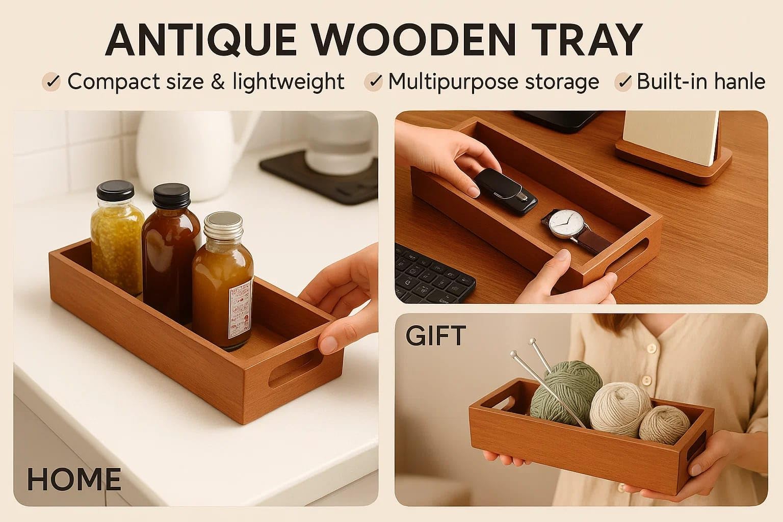 WOOD ART STORE Wooden Serving Tray – Rustic Breakfast Tray for Serving, Storage & Home Decor – Decorative Ottoman Tray for Home,Office, Coffee Table, or Bed (Set of 2) 2