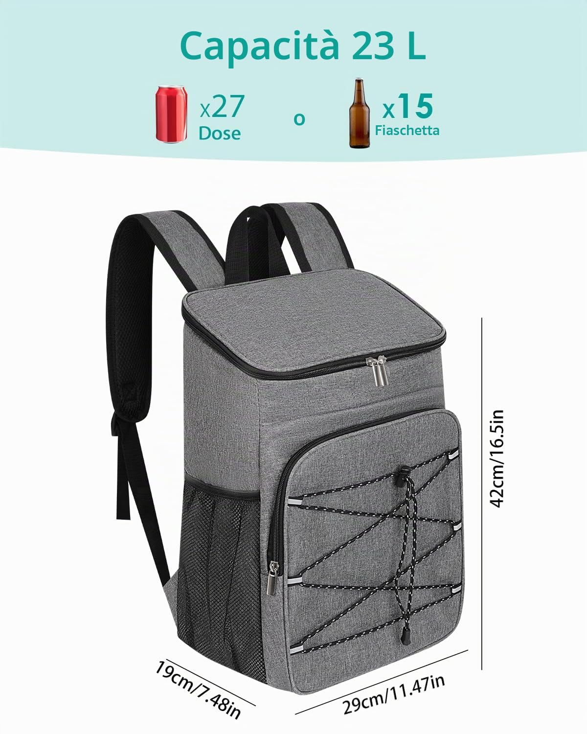 Borsa Frigo Isoterma Impermeabile 23L Zaino Termico per Mare Pic-Nic Campeggio Grigio