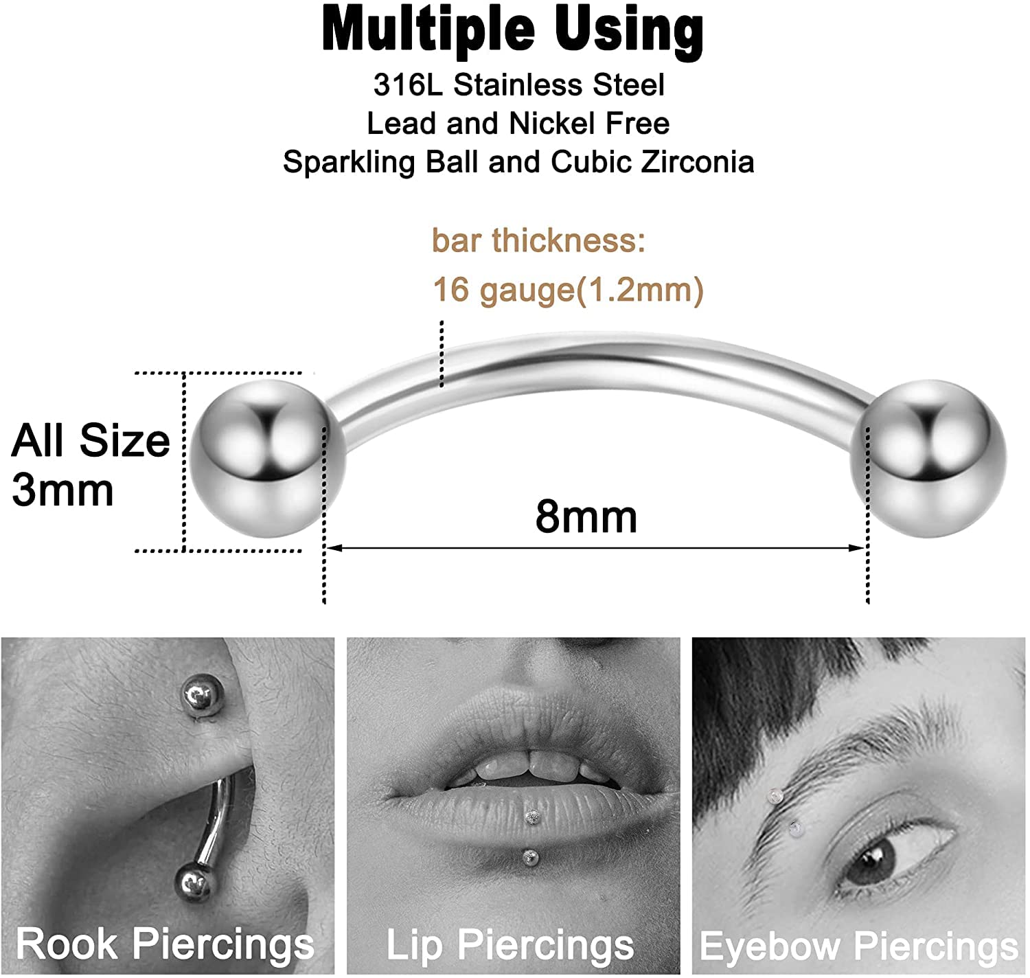 LOLIAS 12 sztuk kolczyków 16 G Rook Daith Curved Barbell ze stali nierdzewnej dla kobiet, piercing tragus, brwi, kolczyk do ciała, kolczyk typu banan, zestaw biżuterii 6-8 mm, 1.2 mm, Stal nierdzewna