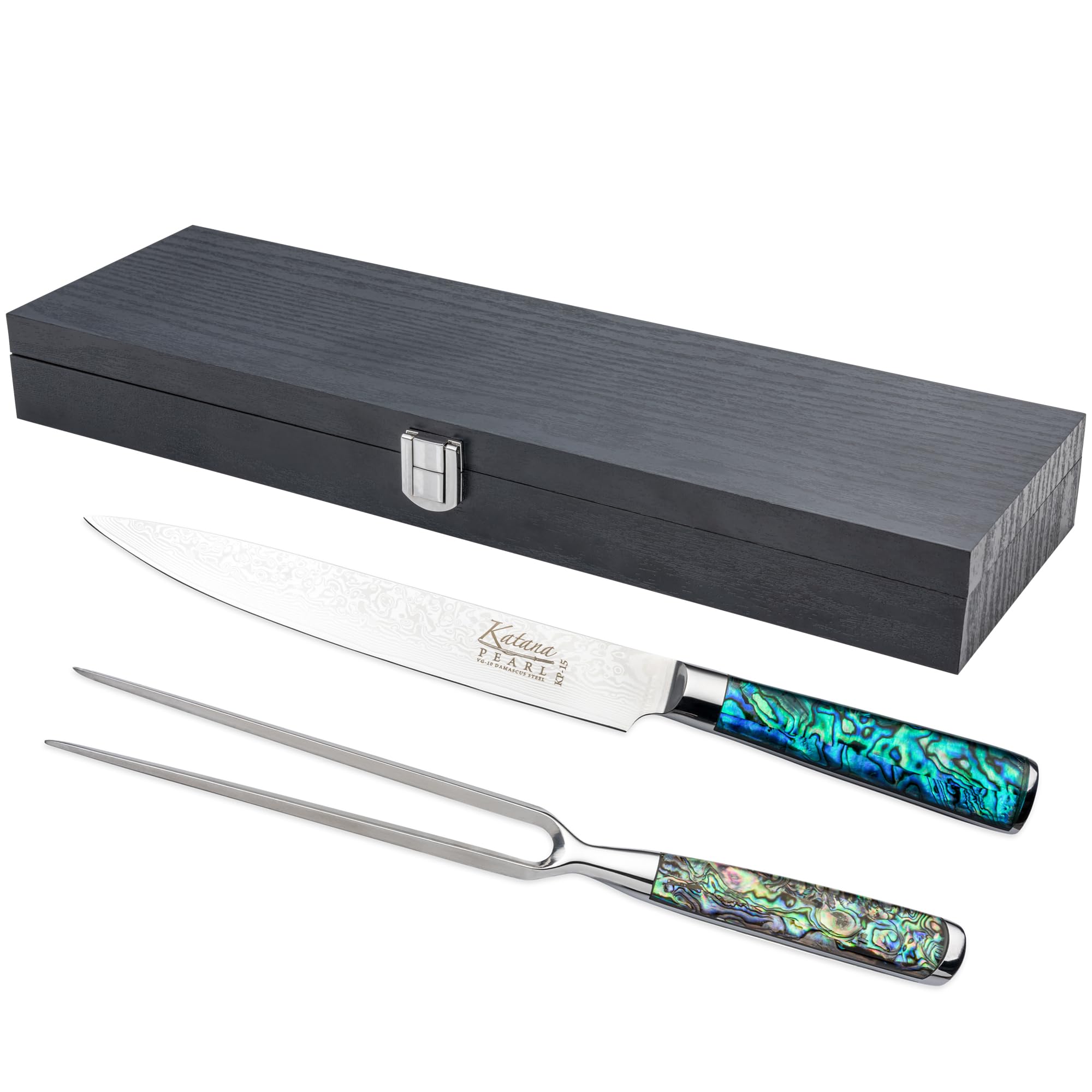 Katana Saya Pearl 2 Piece Carving Set, 20cm Carving Knife and 18cm Carving Fork, Japanese 67-Layer VG-10 Damascus Stainless Steel, Acrylic Handle with Abalone Pattern, Japanese Style Kitchen Knife