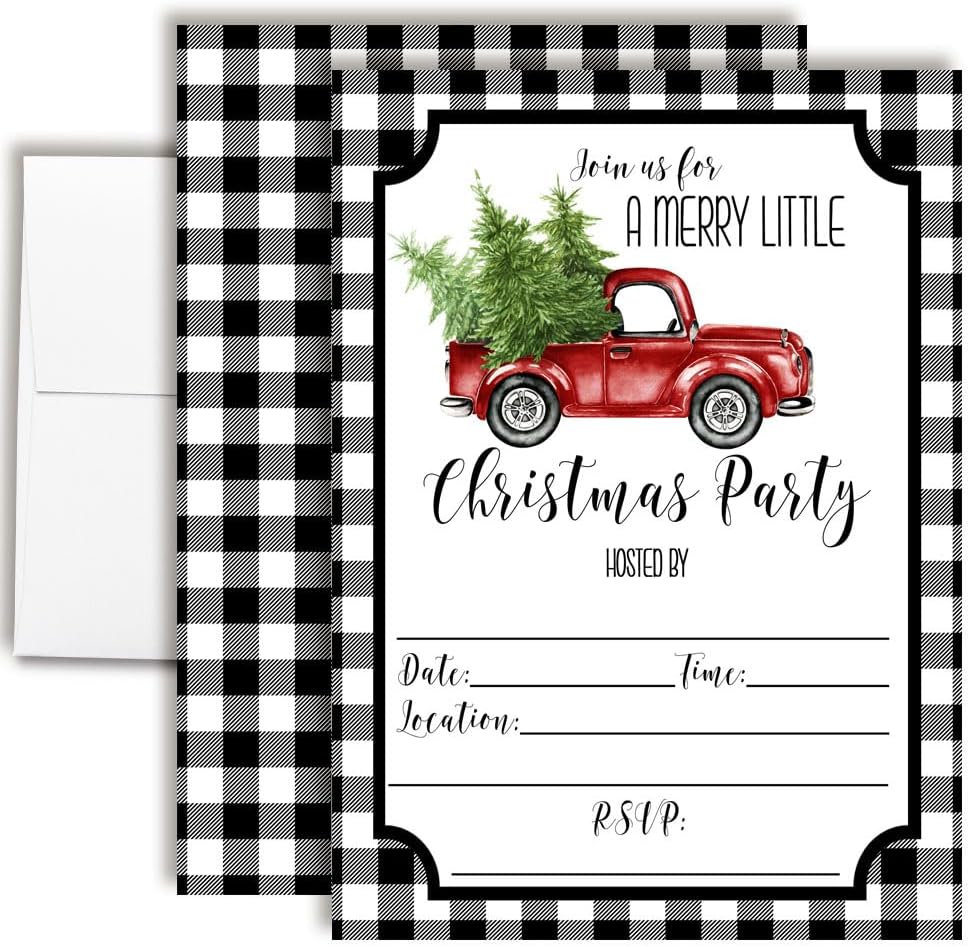 Christmas Invitations with Envelopes – Black Buffalo Plaid Red Watercolor Pickup Truck Christmas Holiday Party Invitations, 20 Pack 5x7 Double Sided Fill-In Invite Cards with Twenty White Envelopes