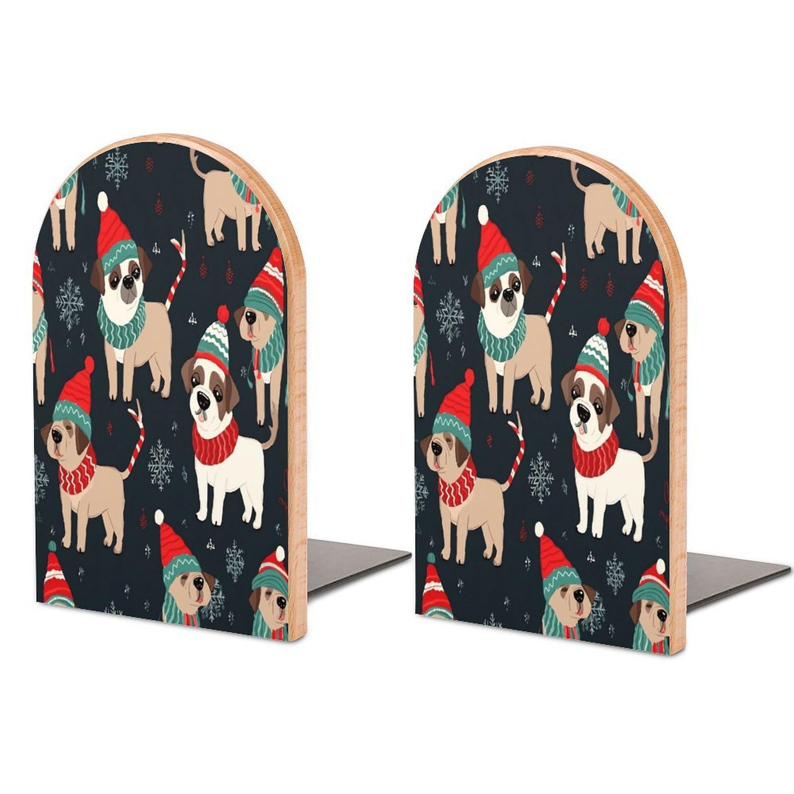 Merry Christmas Dog Bookend for Shelves Non-Skid Book Holder Modern Heavy Duty Bookend Stopper Metal Base Wood Book End Books Shelf Holder Home Decorative 1pair 5x3.9x3.1
