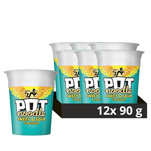 Pot Noodle Sweet & Sour Standard Pot instant vegan* snack quick to make noodles, 12 x 90g - Sweet - 90 g (Pack of 12)