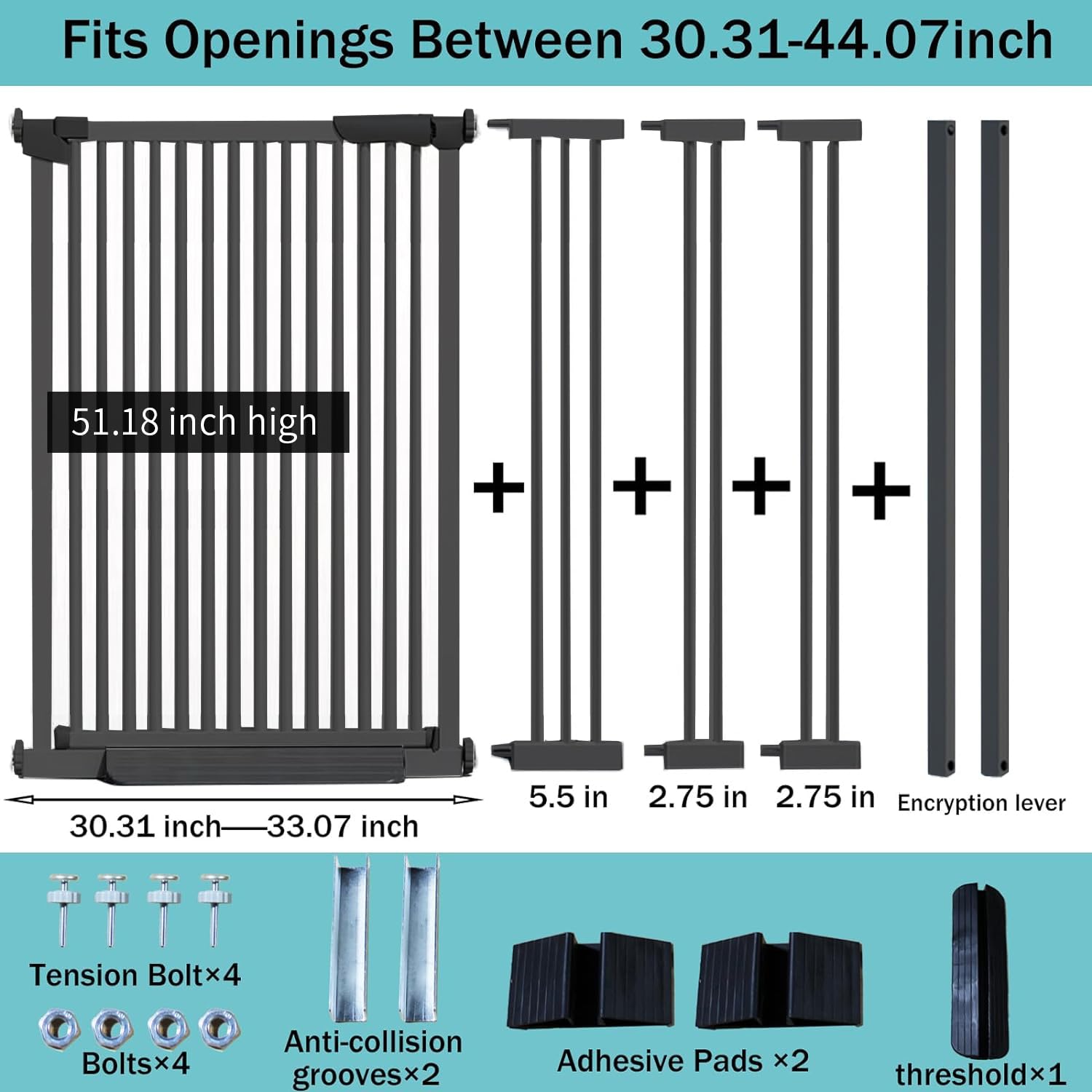SHYUJAJIE 51 Inch Extra Tall Baby Gate Auto Close Cat Gate Adjustable 29.92